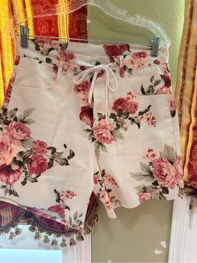 Olivaceous Pink Rose Floral High-Waist Drawstring Shorts